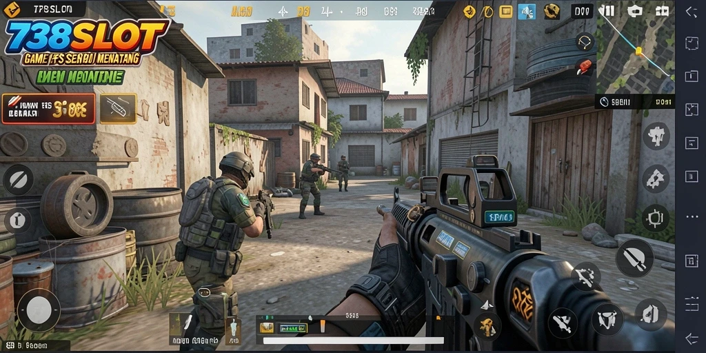 Screenshot gameplay 738SLOT menampilkan aksi tembak-menembak yang mendebarkan.