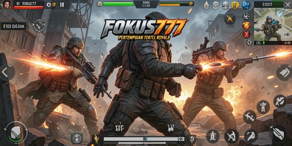 Screenshot utama FOKUS777 menampilkan aksi seru dalam pertempuran Battle Royale.