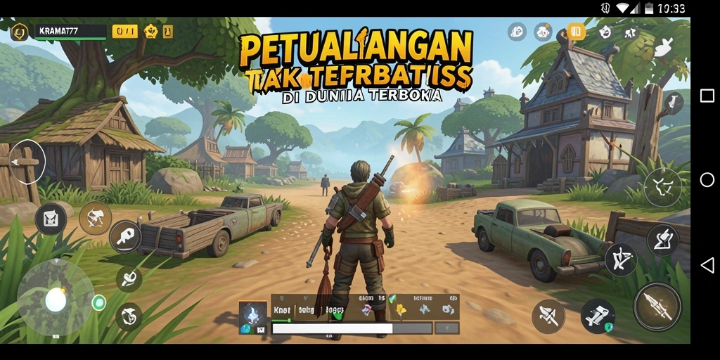 Screenshot KRAMAT77 menampilkan pemandangan indah dunia terbuka yang penuh petualangan.