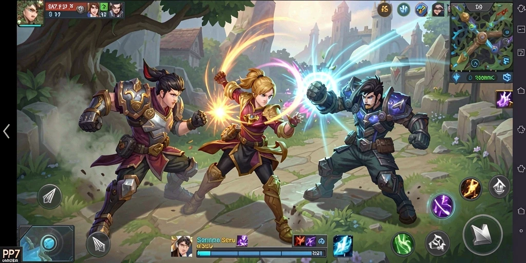 Screenshot gameplay PP7 yang mendebarkan dengan aksi pertarungan MOBA.