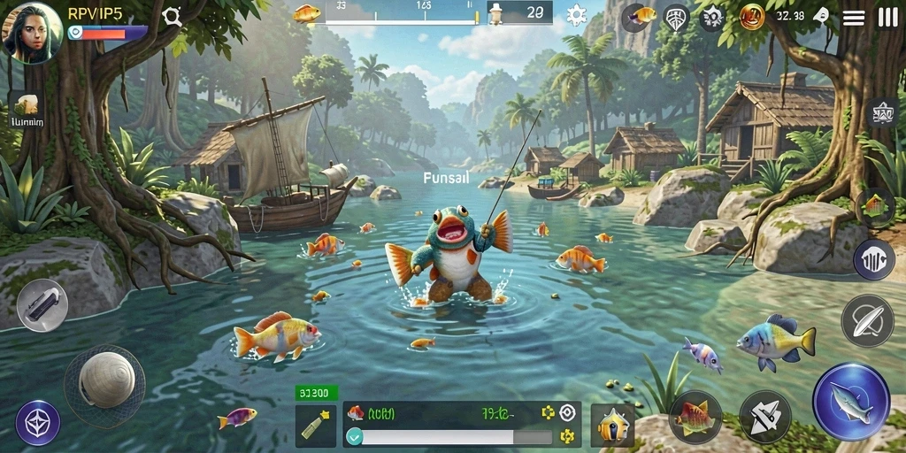 Tampilan gameplay RPVIP5 menampilkan aksi memancing yang mendebarkan.