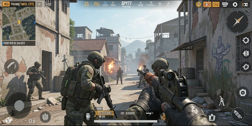 Screenshot gameplay SPY77 yang menunjukkan aksi pertempuran intens.