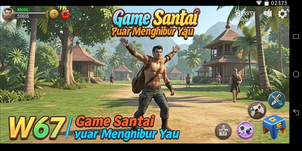Screenshot W67 menampilkan gameplay yang ceria dan santai.