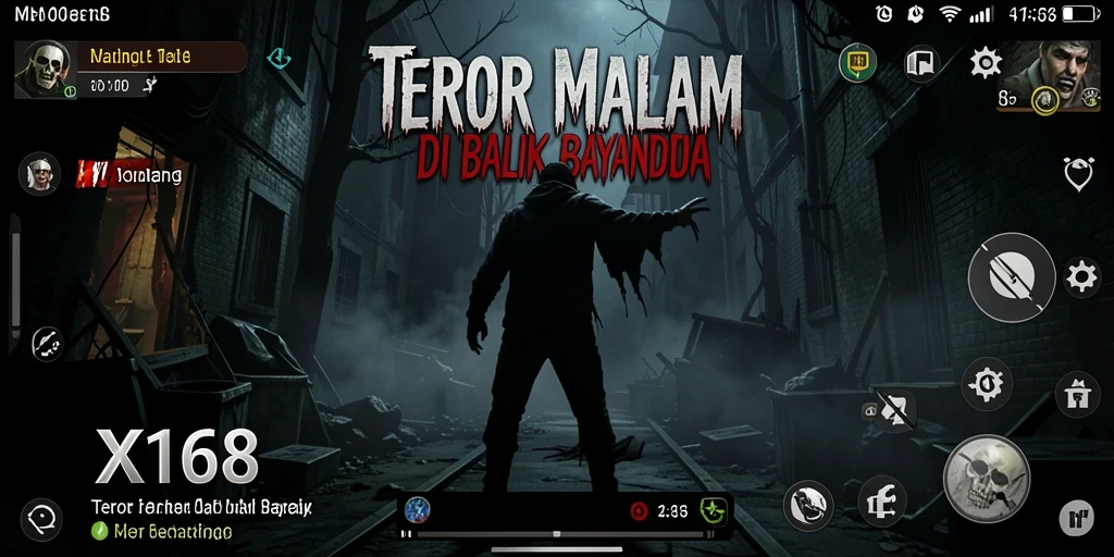 Tampilkan gameplay mencekam X168 dengan suasana menyeramkan.